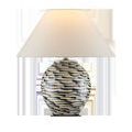 Minnows Blue Table Lamp with a beige ceramic base decorated in blue fish-like brush strokes and a flared empire white shade