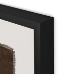 Close-up of black frame corner with textured canvas edge and fabric frays visible