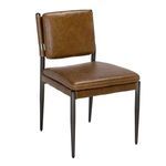 Close-up angled view showing padded leather seat and back with tapered steel legs