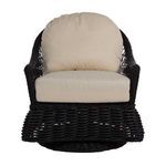 Full front view of Soho swivel glider showing beige cushions and black resin wicker