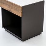 View of nightstand angled to highlight smoked oak wood drawer front and matte grey sides