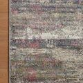 Top corner view of rug sample on wooden floor highlighting ribbed texture and multicolor pattern details