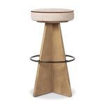 Side view of the Damon swivel stool showcasing the wood grain on the trapezoid panels of the base