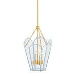 Clarisse Lantern pendant with hexagonal Aged Brass frame, arched Arctic Ocean glass panels, and four cream candle-style bulbs