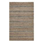 Rectangular hand-woven jute area rug with natural tan fibers and horizontal blue accent stripes