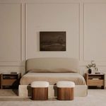 Bedroom setting with two Sonny Stools at foot of bed showing symmetry and soft earth tones