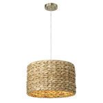 Lit pendant light with warm glow illuminating woven natural shade from inside