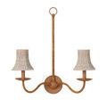 Similar double arm chandelier with woven seagrass lamp shades displaying natural wood and rattan wrapped arms