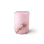 Pink alabaster canister with lid on, viewed from front, displaying soft translucent veining pattern