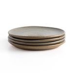 Side view of single speckled dinner plate on white background showing gentle upward curve of rim