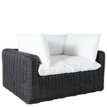 Montecito Woven Lounge outdoor accent chair in dark woven frame with thick white cushions