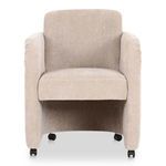 Mesto Rolling Dining Chair in beige upholstery with curved arms, well-padded seat, and rolling black casters