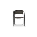 Front view of single outdoor dining chair showing curved basketweave backrest and metal frame