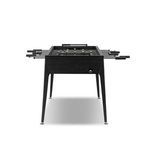 Back view of black finish version of foosball table with player rods extended