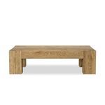Rectangular coffee table in thick-cut oak veneer with faux rustic wormwood oak finish, chunky squared legs, dovetail joinery