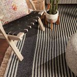 Close-up of rug and wooden chair with black webbing alongside potted plant on porch