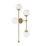 Armstrong 4 R Sconce with four matte white glass globes on smooth brass rods extending vertically and horizontally