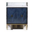 Vanity doors open showing interior black cabinet with adjustable shelf and plumbing space
