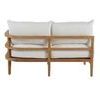 Close-up detail of teak leg joint and thick white cushion corner seam