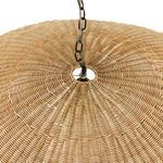 Overhead close-up showing pendant center where iron chain attaches to rattan shade