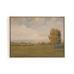 Landscape painting of a misty morning cabin surrounded by fall trees in a muted natural color palette