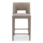 Joyce counter stool in light brown upholstery with carved lower backrest and straight, fabric-covered legs