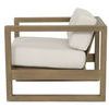 Side view of Coastal Teak Club Chair showing thickness of teak frame and plush seat cushion