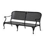 Black aluminum sofa frame without cushions showing curved armrests and lattice backrest
