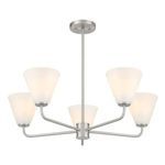 Upward facing Blair chandelier shown from slightly lower angle highlighting glass shade glow