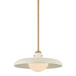 Gustavo pendant light with off white arcing disc shade and large opal glass orb, supported by patina brass stem and pins