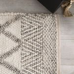 Close-up overhead of rug texture showing mixed wool knitting and part of knit throw
