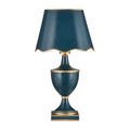 Travelogue lamp front view with scalloped edge shade and gold trim on base and neck