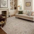 Louisa rug styled in a bright living room with wood floors, cream sofa, and built-in shelving