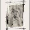 Abstract painting with bold black strokes framing a textured gray center, evoking raw energy and movement