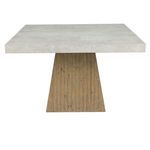Front view highlighting the wide, tapered wood base with vertical plank details