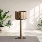 Gold steel ice bucket on stand placed in a sunlit room with plants and rug