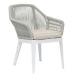 Miami Dining Chair with silver-grey all-weather rope back and arms, white aluminum tapered legs, and beige cushion
