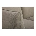 Close-up detail of fabric edge stitching and gentle armrest curve