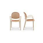 Soren outdoor dining chairs shown from front and side profiles highlighting curved armrest and backrest shape