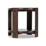 Close-up of pegged wooden accent on vertical support of two tier end table