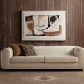 Samsa rug styled in a modern living room under a cream sofa with wood slat wall and abstract artwork