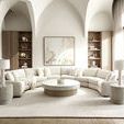 Pincio side tables styled in bright living room with arched windows, next to a large sectional sofa