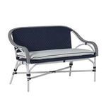 Savoy Loveseat with navy handwoven resin wicker back and seat, white striped resin wicker arms, and white wrought aluminum...