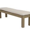 Coastal Teak Dining Bench with warm grey teak finish and beige cushion, sleek angular legs and open silhouette