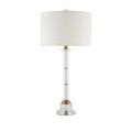 Close-up of top section of Lothian lamp white fabric shade and clear finial