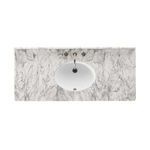 Top-down view focusing on marble top with integrated backsplash and undermount sink