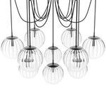 Close-up focus on cluster of clear glass globes and black metal sockets on Spider Chandelier