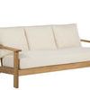 Ashland Teak Sofa with natural teak wood frame and three cream cushions in mid-century modern design