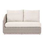 Caspian Outdoor Modular Left Facing 1-Arm Sofa with taupe woven rope and beige cushions on teak base