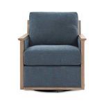 Front view highlighting the thick seat and back cushions with wooden armrests of the swivel chair